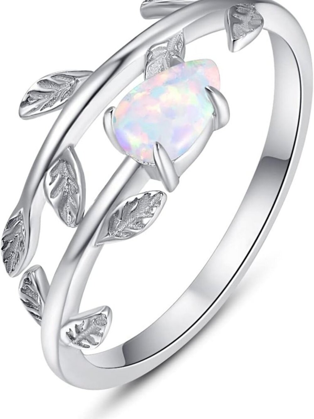 Adjustable 925 Sterling Silver Leaf Ring with White Opal & Moonstone, Size 7-9